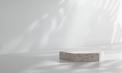 Terrazzo podium, Cosmetic display stand with shadow nature leaves on brown background. 3D rendering	
