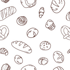 Seamless pattern with bread and pastries. Vector illustration. Dark outline on a white background. Doodle.