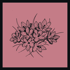 Hand drawn flowers on pink background. Inky botanical illustration.