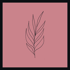 Hand drawn tropical leaf on pink backgroung. Inky botanial illustration.