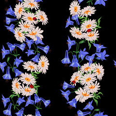 Fototapeta na wymiar Seamless vector illustration with chamomile, aquilegia and ladybird on a black background.