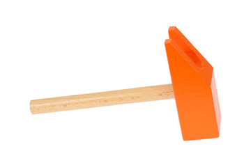 Wooden orange hammer on white background, isolated