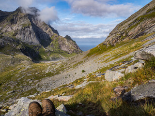 Trail to Helvetenstinden from the Bunes Beach, Norwey