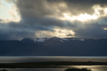 Northeast Iceland. Mountains nature landscape at dramatic sunset