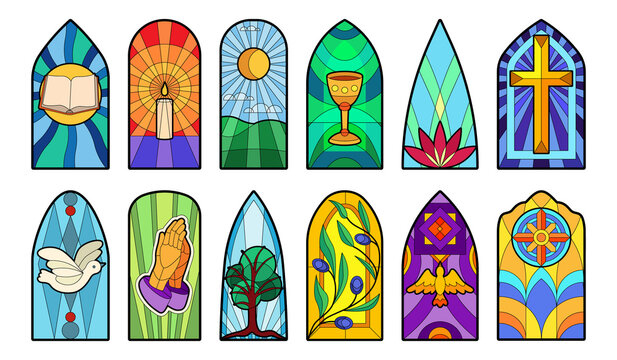 Stained glass vector cartoon icon set . Collection vector illustration window church on white background. Isolated cartoon icon set stained glass for web design.