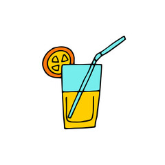 A glass of lemonade, juice. Cooling drink. Cocktail tube, orange slice. Vector. Doodle. Freehand drawing.