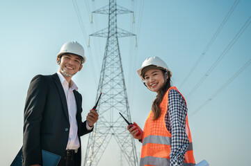 Engineer worker holding radio communication and electric pole blue sky background