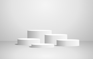 Podium or 3D round pillar stand scene and winner pedestal in studio on gray or white background.vector illustration.