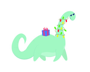 Cute dinosaur with a gift and garland. Character for a postcard. Dinosaur for postcard happy birthday, merry christmas, new year.