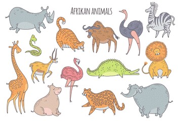 African cute animals set with lion, giraffe, zebra, elephant. Vector characters illustration on white background for sticker, postcard.