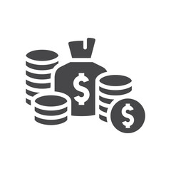 Money bag with coin stack vector icon. Wealth black symbol, dollar, coins.
