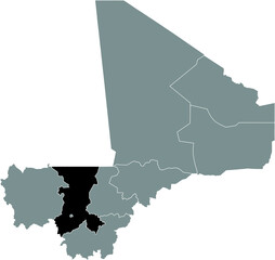 Black highlighted location map of the Malian Koulikoro region inside gray map of the Republic of Mali