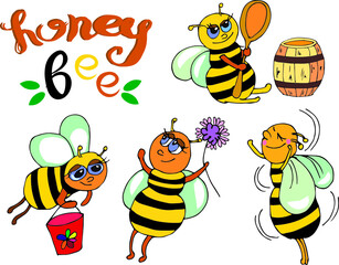 Cute honey bees vector illustration, in flight, sitting, a set of pictures of characters in different moods and lettering. For design summer print on clothes for children, pattern element, postcard