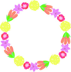 Obraz premium Round floral frame with vector summer or spring flowers - bells, tulips, poppies. There is room for text. hand-drawn elements for the design of stylish cards, invitations, cosmetics and interior decor