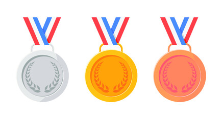 Gold, silver and bronze medals on ribbons. Sports competitions for the first, second and third places. The champion's award.Flat style.