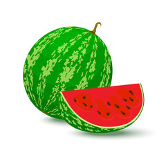 Watermelon vector. Whole watermelon and juicy watermelon slice vector illustration in flat design isolated on white background.