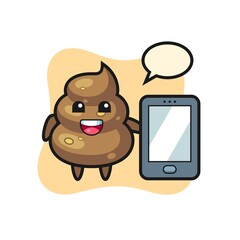 poop illustration cartoon holding a smartphone