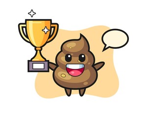 Cartoon Illustration of poop is happy holding up the golden trophy