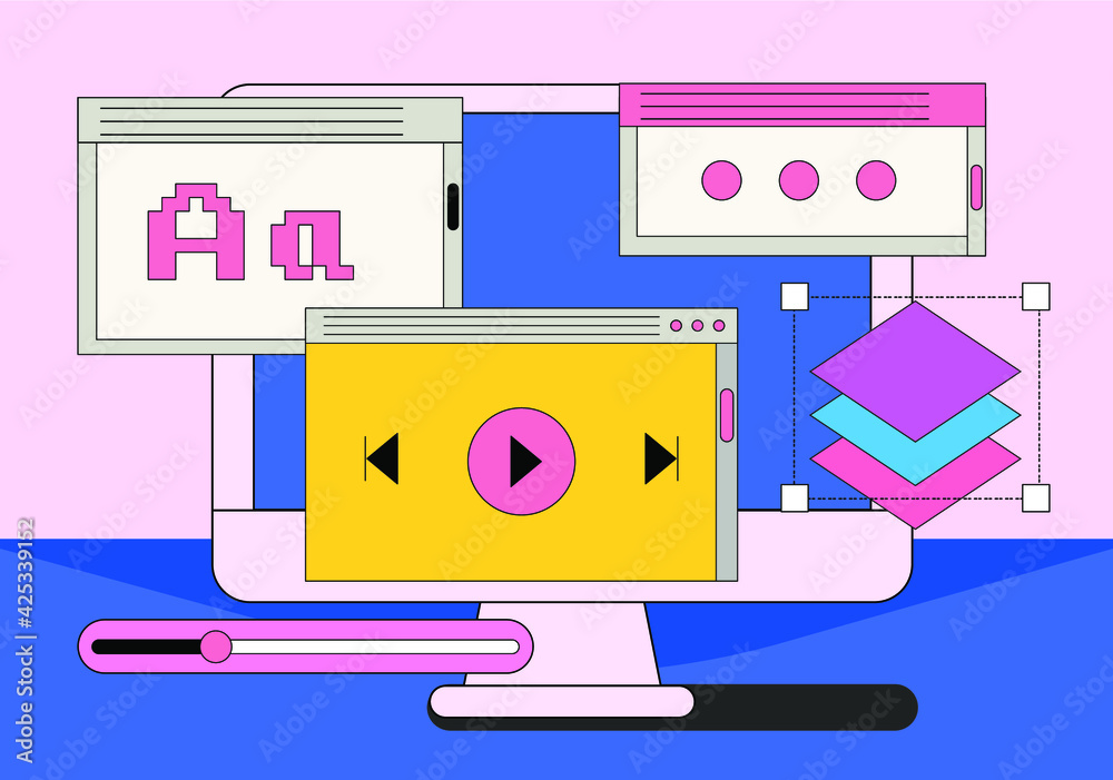 Aufkleber Computer screen with programs and applications. Conceptual flat vector illustration of home office, UI and UX design and programming.
