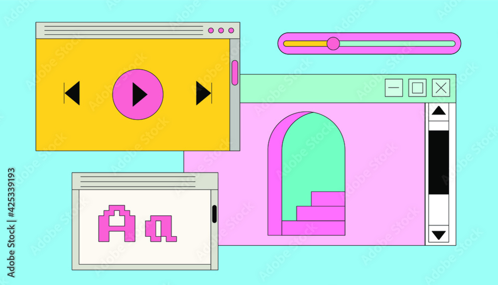 Aufkleber Set of retro user interface tabs and icons. Screen panels and dialog boxes of computer software.