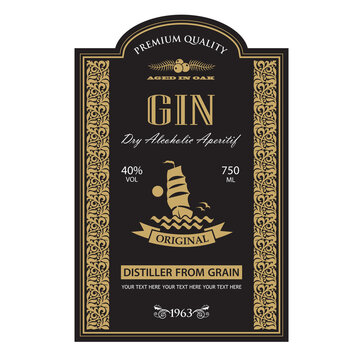template gin label with yacht and juniper in retro style