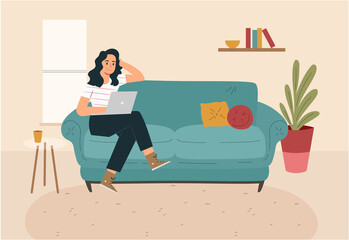 Young woman working in her sofa, illustration concept.