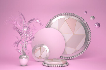 Abstract pink cylinder pedestal podium, Light pastel empty studio with abstract palm leaf. 3D rendering geometric shape, Product display presentation.