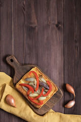 Traditional Spanish pizza coca on brown background