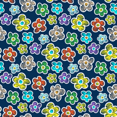 Beautiful bright multicolored chamomile flowers isolated on dark blue background. Cute floral seamless pattern. Vector simple flat graphic hand drawn illustration. Texture.