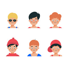 Set of young man faces. Vector illustration of diverse man avatars in flat style