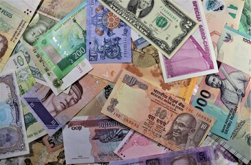 Variety of global banknotes, money collection, currencies