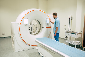 Medical Equipment and Health Care. Magnetic resonance imaging scan or computed tomography device in...