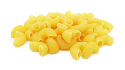Pile of raw elbow Macaroni (Gomiti Pasta) Isolated on white background, Cut out with clipping path