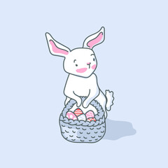 Happy easter. Vector illustration of a cute bunny with a basket of eggs.