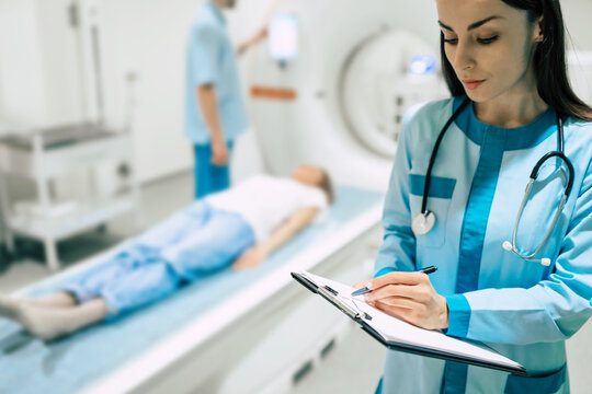 Medical Equipment and Health Care. Magnetic resonance imaging scan or computed tomography device in modern Hospital.