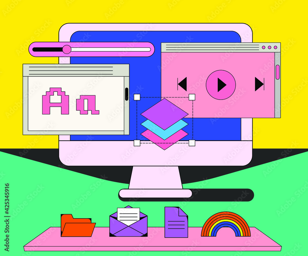 Aufkleber Computer screen with programs and applications. Conceptual flat vector illustration of home office, UI and UX design and programming.