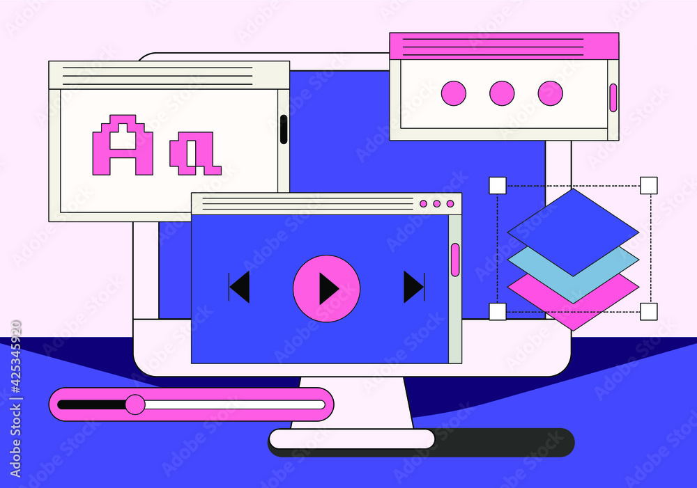 Poster Computer screen with programs and applications. Conceptual flat vector illustration of home office, UI and UX design and programming.