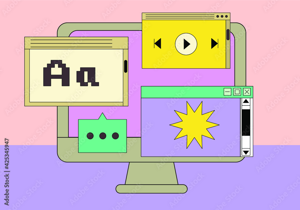 Poster Computer screen with programs and applications. Conceptual flat vector illustration of home office, UI and UX design and programming.