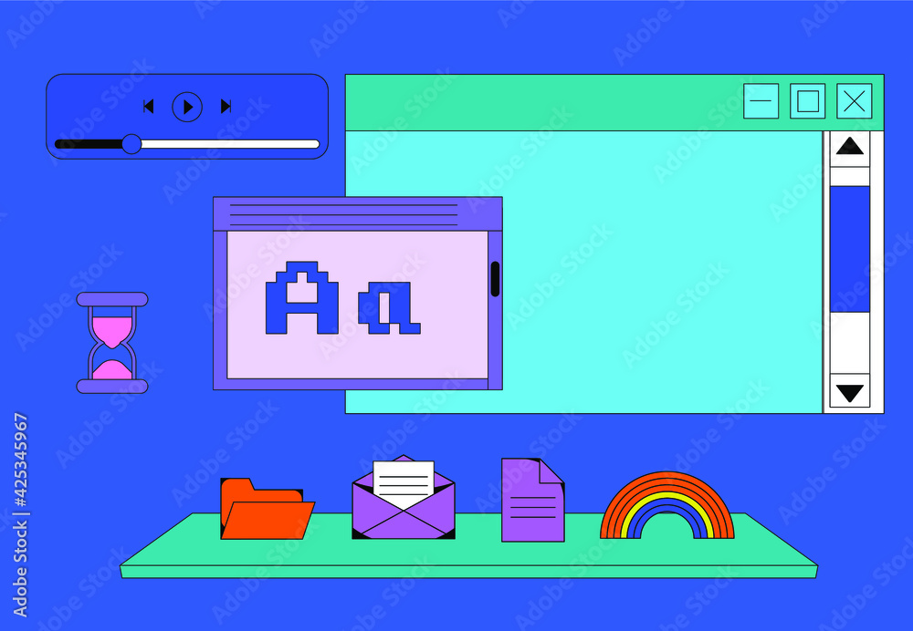 Aufkleber Set of retro user interface tabs and icons. Screen panels and dialog boxes of computer software.