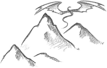 Hand pencil drawn dragon above the mountain. Fantasy map creator.