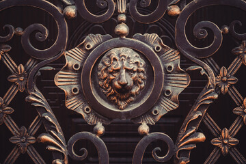 Forged ornate gate details with lion head cast iron sculpture, bronze colored, rosette style. Metal products, ironwork. Gates decoration exterior.