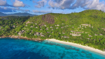 Anse La Liberte' in Mahe', Seychelles. Amazing aerial view from drone