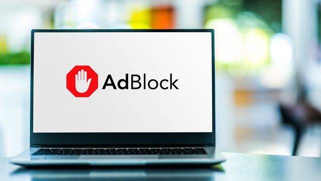 Laptop computer displaying logo of AdBlock
