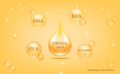 Triple Omega 3 6 9 fish-Oil extra vitamin drop pill capsule. Shining golden essence droplet. Beauty treatment nutrition skin care design. Vector illustration.