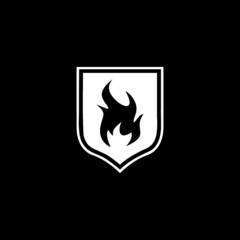 Fire logo with shield isolated on dark background