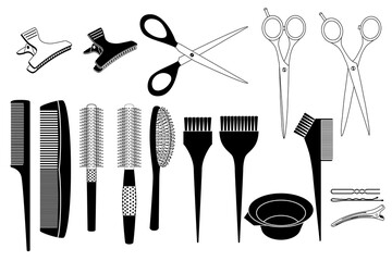 Ensemble d’objets noirs et blancs utilisés par les coiffeurs - peignes, brosses, ciseaux, pinces à cheveux. - obrazy, fototapety, plakaty