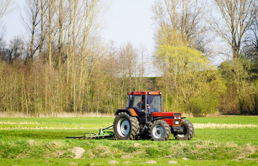 Tractor paves the meadow in spring in preparation for grazing animals. Rural surroundings with fields and meadows.