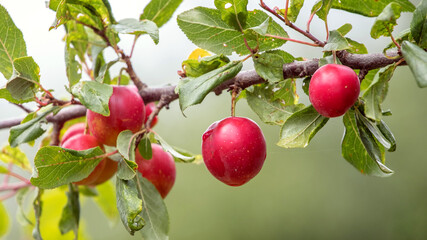 Red plums on a tree in the garden