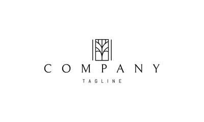 Vector logo on which an abstract image of a minimalist tree in a rectangle.