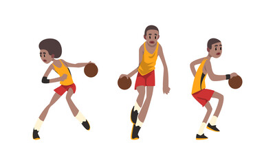 Plakat African American Basketball Player Set, Athlete Character in Sports Uniform Running and Jumping with Ball Cartoon Vector Illustration